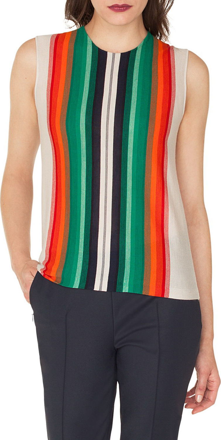 Akris Sleeveless Crewneck Striped Cashmere-Silk Pullover Shell
