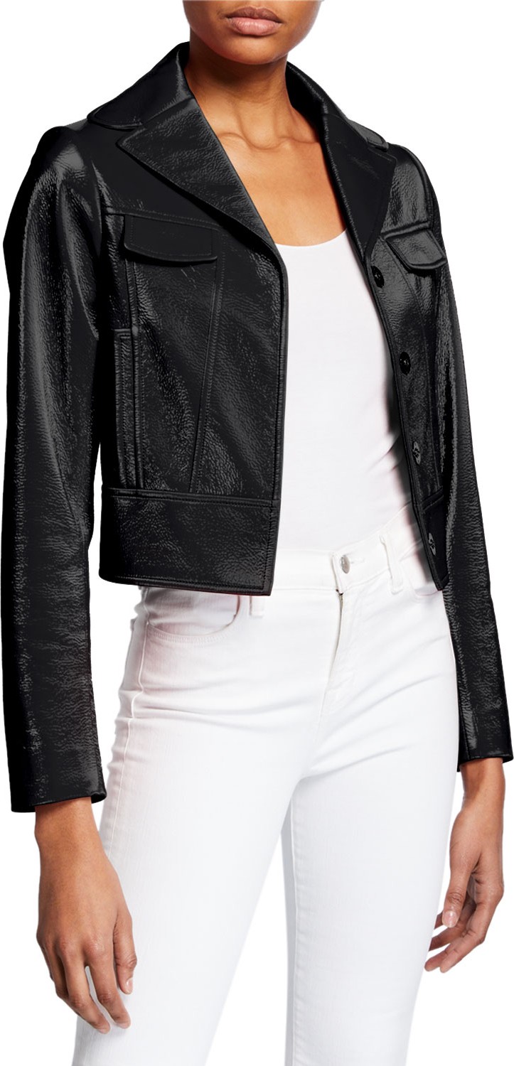 Elie Tahari Gigi Faux Leather Button-Front Cropped Moto Jacket