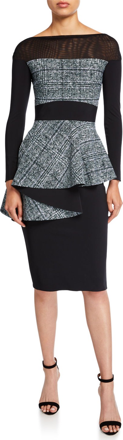 La Petite Robe di Chiara Boni Bateau-Neck Long-Sleeve Tweed Peplum Dress