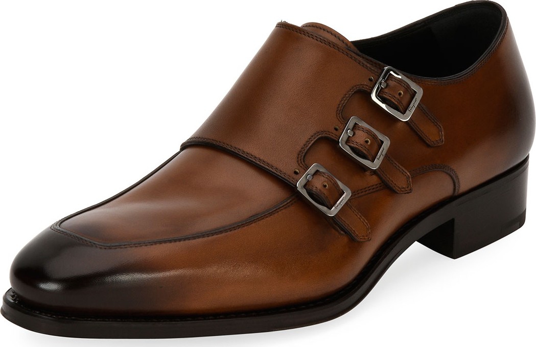 Salvatore Ferragamo Men's Triple-Monk Leather Shoe, Brown
