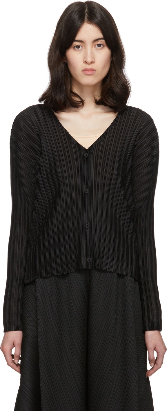 Pleats Please By Issey Miyake Black Rib Pleats Cardigan