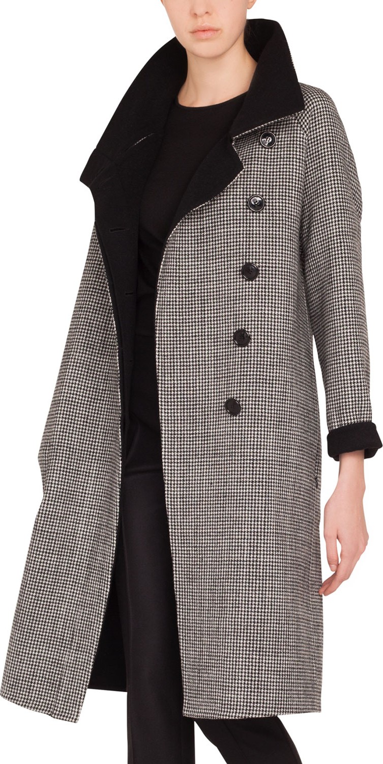 Akris Terrance Reversible Stand-Collar Button-Panel Houndstooth Wool Coat