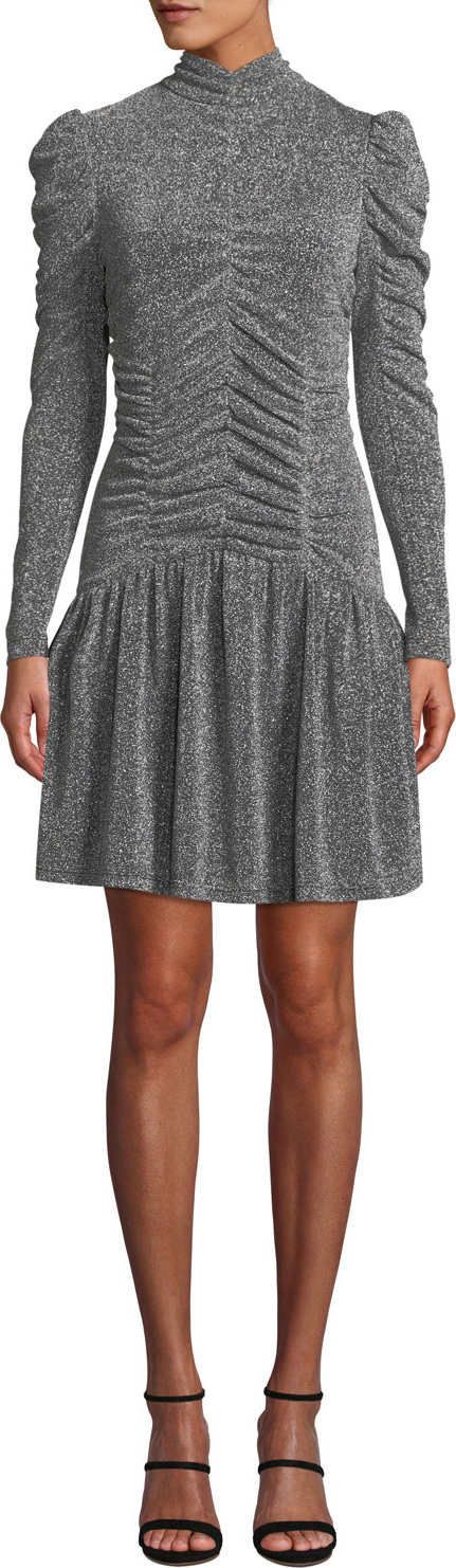 Rebecca Taylor Ruched Long-Sleeve Metallic Jersey Dress