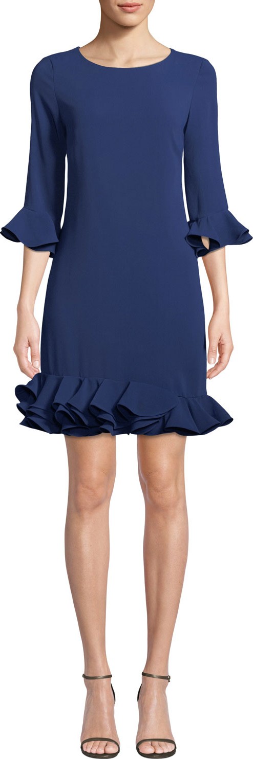 HALSTON HERITAGE 3/4-Sleeve Shift Dress With Ruffles