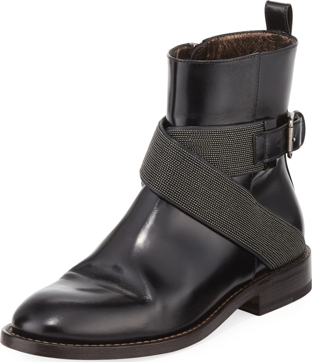 Brunello Cucinelli Leather Moto Booties with Monili Straps