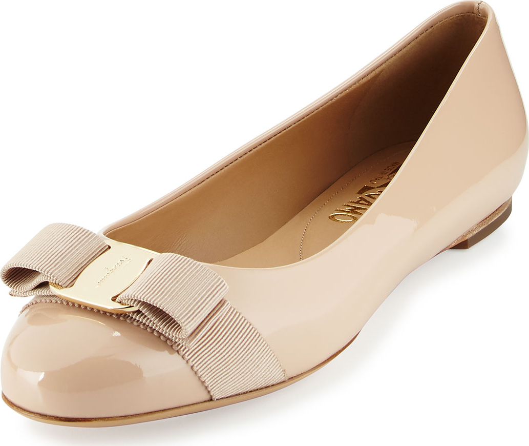 Salvatore Ferragamo Varina Patent Leather Bow Flat, New Bisque