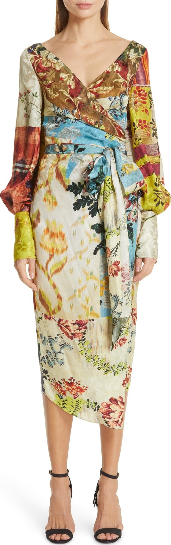 Oscar De La Renta Patchwork Floral Print Silk Wrap Dress