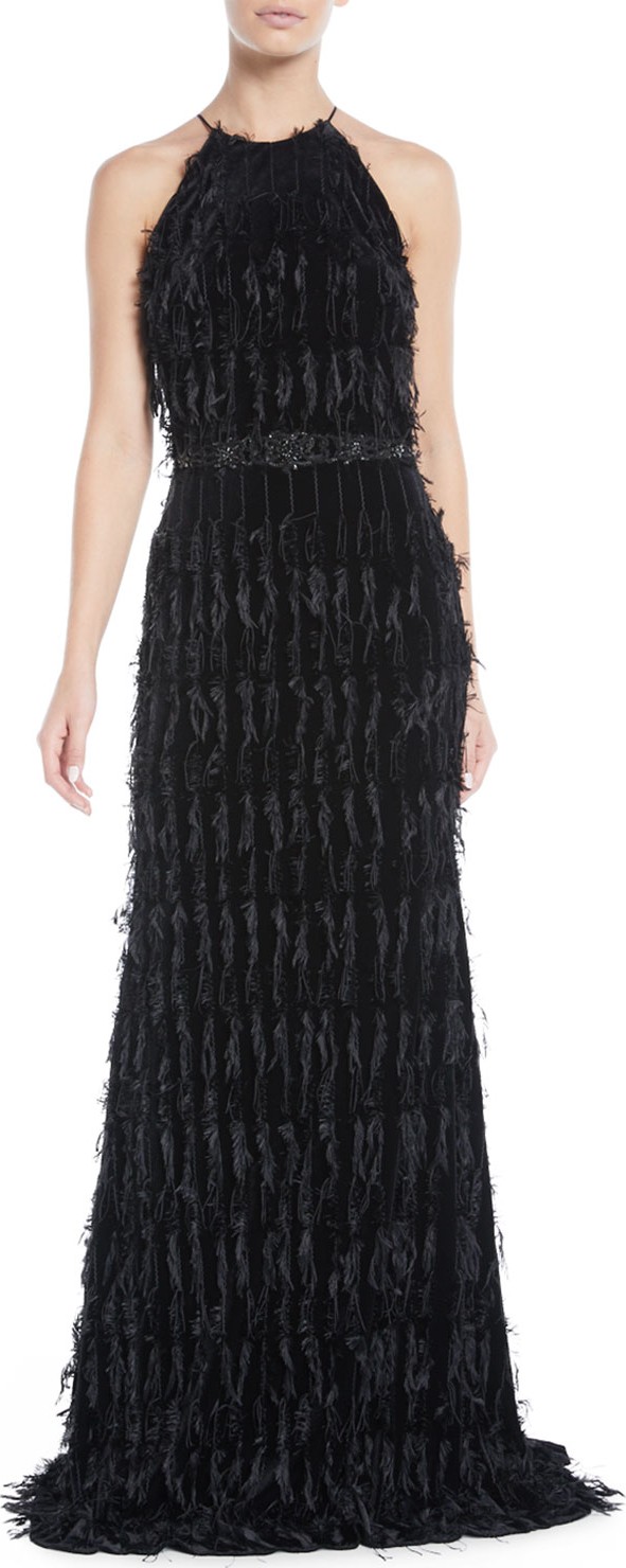 Badgley Mischka Beaded Fringe Halter Gown