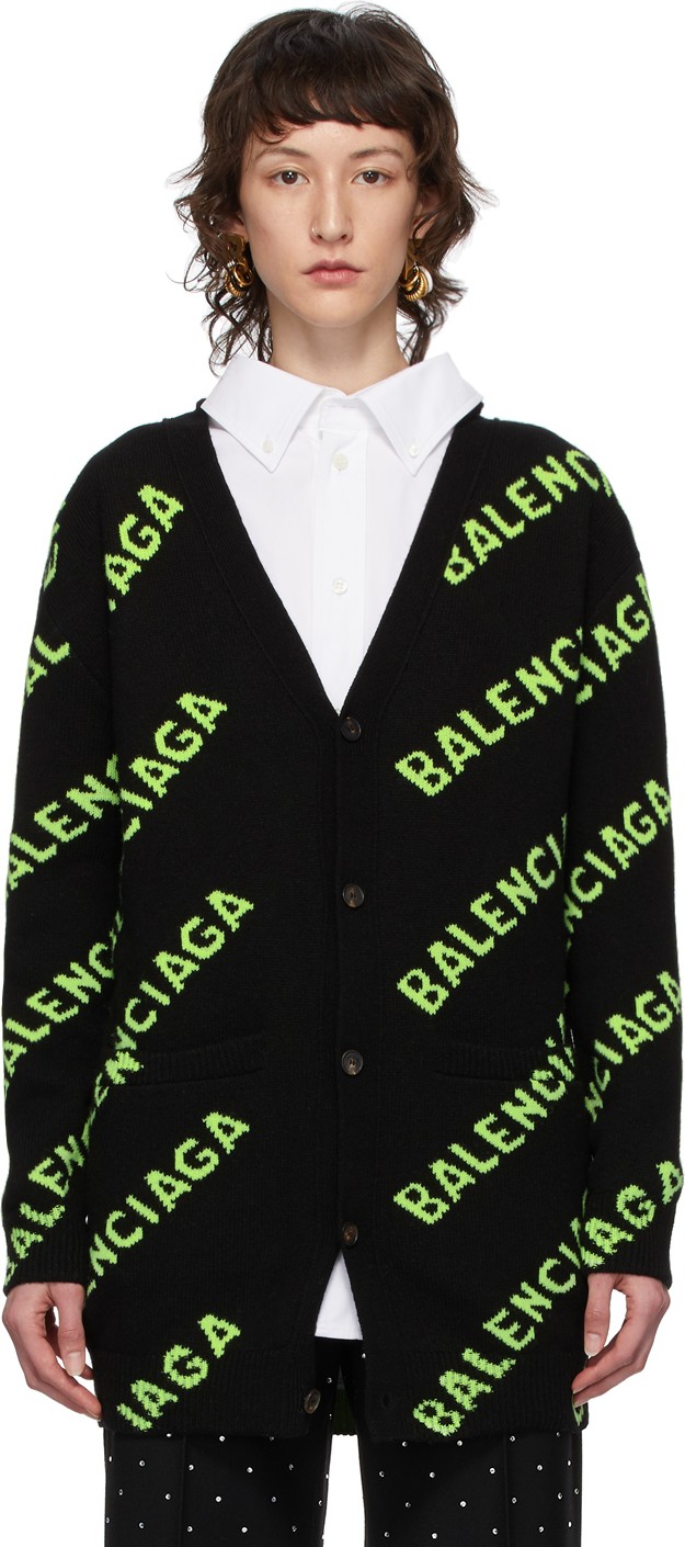 Balenciaga Black & Green All Over Logo Cardigan