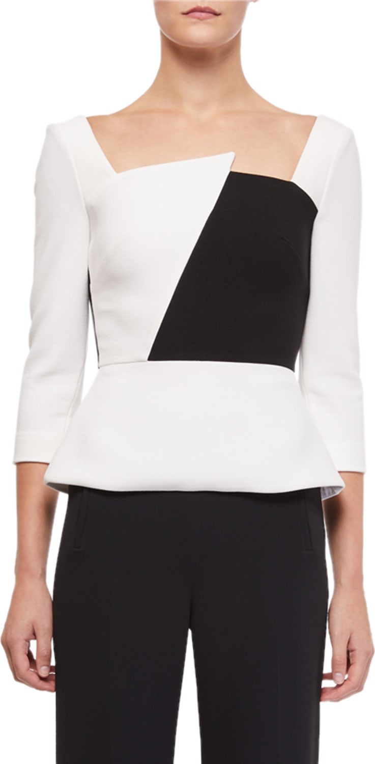 Roland Mouret Houghton 3/4-Sleeve Asymmetric-Neck Colorblock Blouse