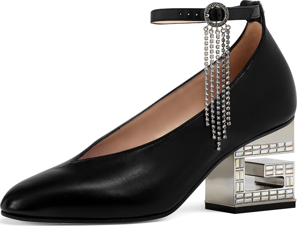 Gucci Amber Leather G-Heel Ankle-Wrap Pumps