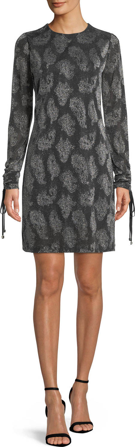MICHAEL MICHAEL KORS Drawstring-Sleeve Jewel-Neck Metallic Paisley Jacquard Dress MICHAEL MICHAEL KORS Drawstring-Sleeve Jewel-Neck Metallic Paisley Jacquard Dress