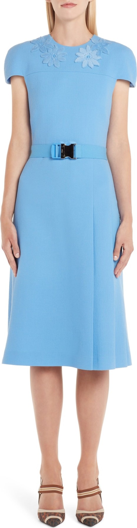 Fendi Genuine Mink Fur Flower Belted Wool Crepe Dress