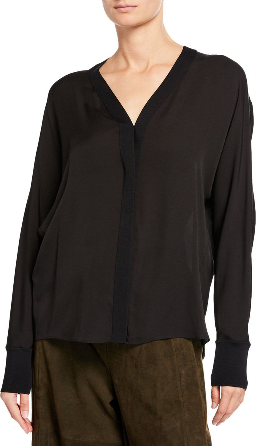 Vince Rib-Trim Silk V-Neck Shirt