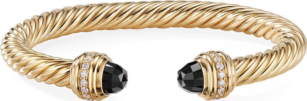 David Yurman 18k Gold Cable Bracelet w/ Onyx & Diamonds, Size S