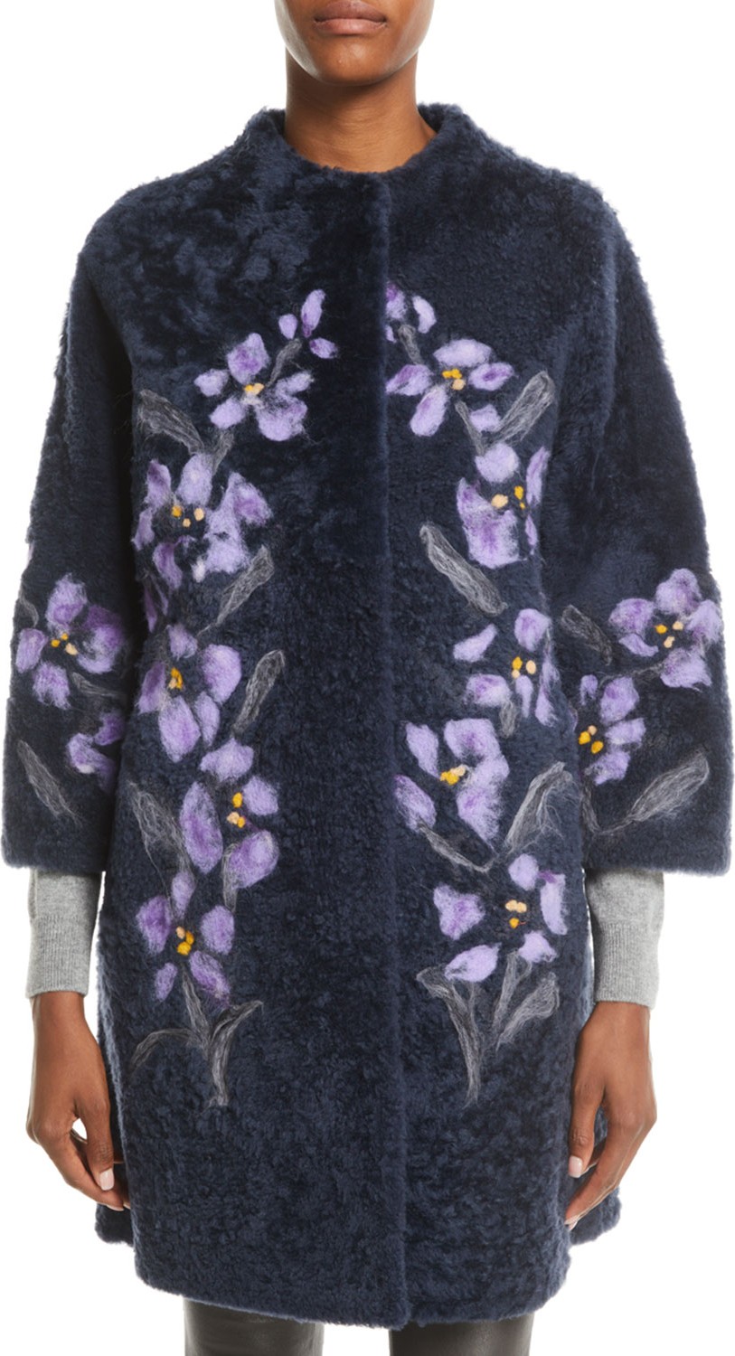 Christia Floral-Embroidered Lamb Shearling Fur Stroller Coat