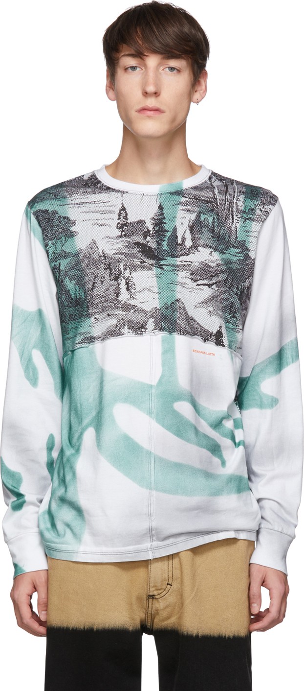 Eckhaus Latta White & Green Warped Yosemite Lapped Long Sleeve T-Shirt