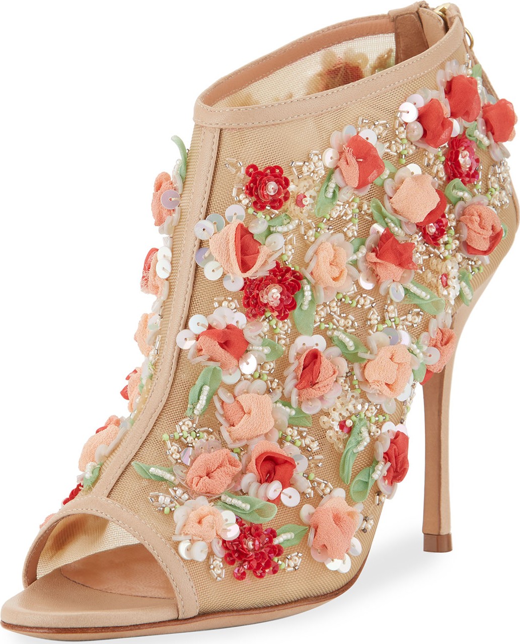 Manolo Blahnik Clizia Mesh Floral Peep-Toe Booties, Nude