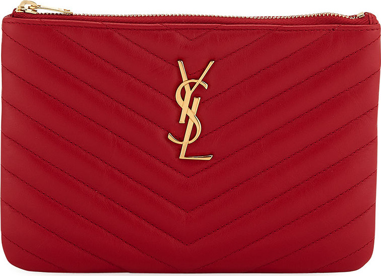 Saint Laurent Monogram Small Chevron Quilted  Zip-Top Pouch Bag - Golden Hardware