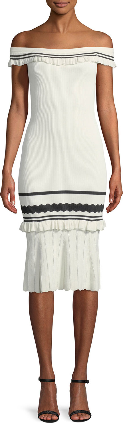 Jonathan Simkhai Striped Rib-Knit Off-the-Shoulder Body-Con Midi Cocktail Dress
