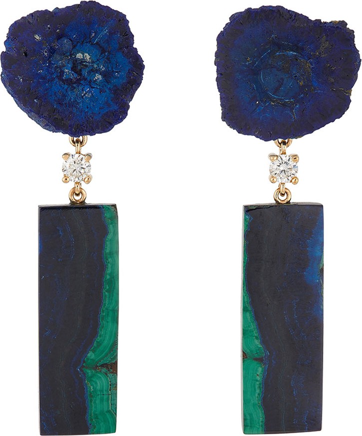 Jan Leslie 18k Bespoke 2-Tier Luxury Earrings w/ Azurite Geode  Azurite Malachite & Diamonds