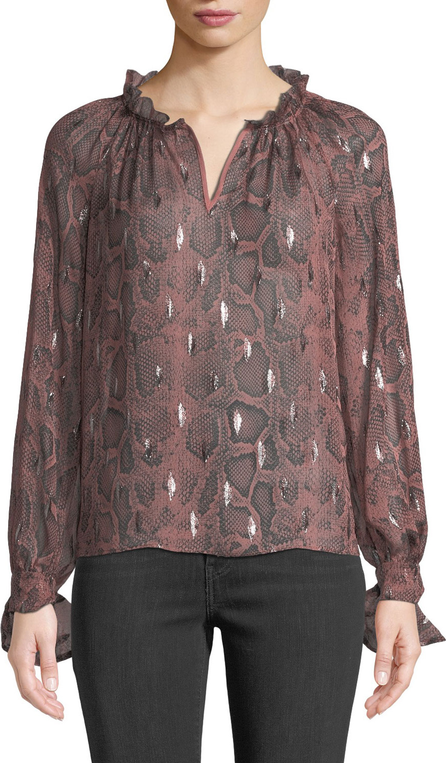 Rebecca Taylor Long-Sleeve Metallic Snake-Print Blouse