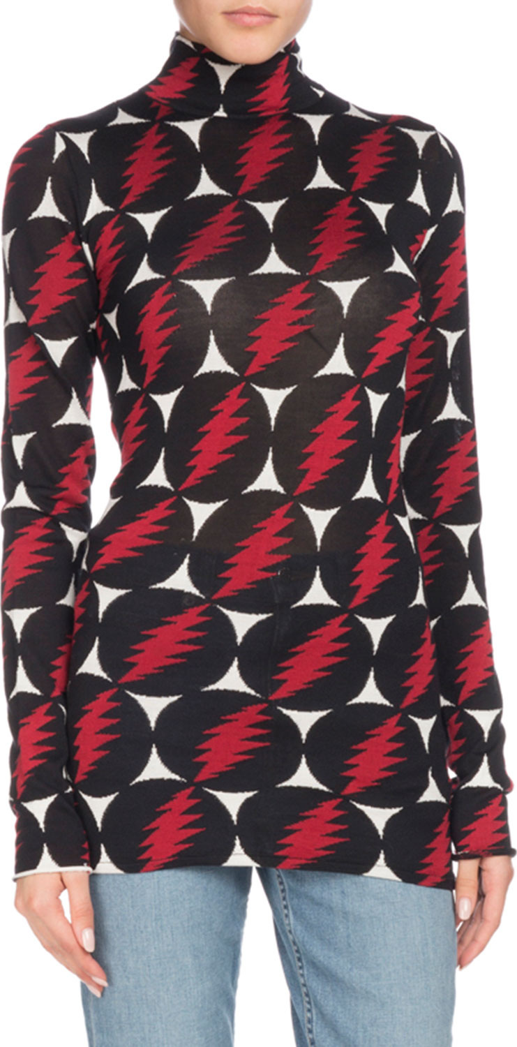 Proenza Schouler Turtleneck Long-Sleeve Lightning-Bolt Silk Top