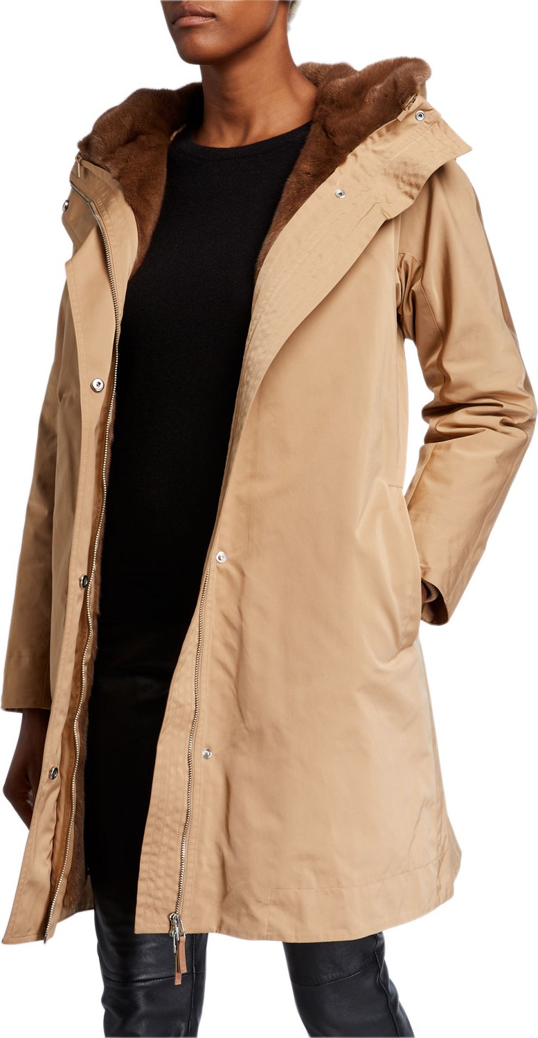 Lafayette 148 New York Sinclair Reversible Couture Cloth Hooded Coat w/ Mink Combo