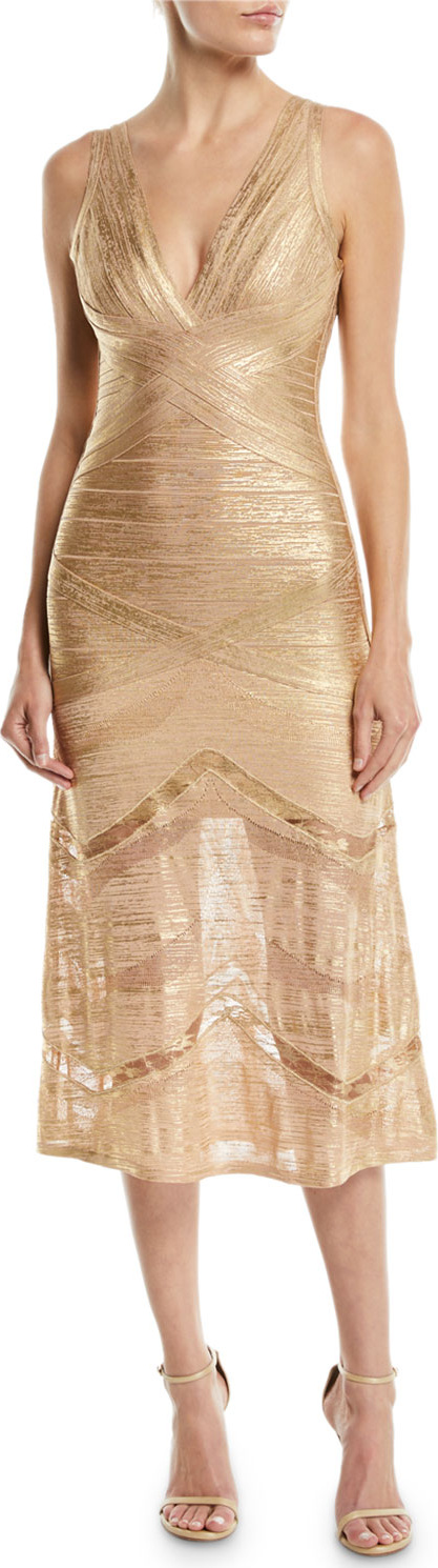 Herve Leger V-Neck Sleeveless Foil Bandage Knit Midi Cocktail Dress