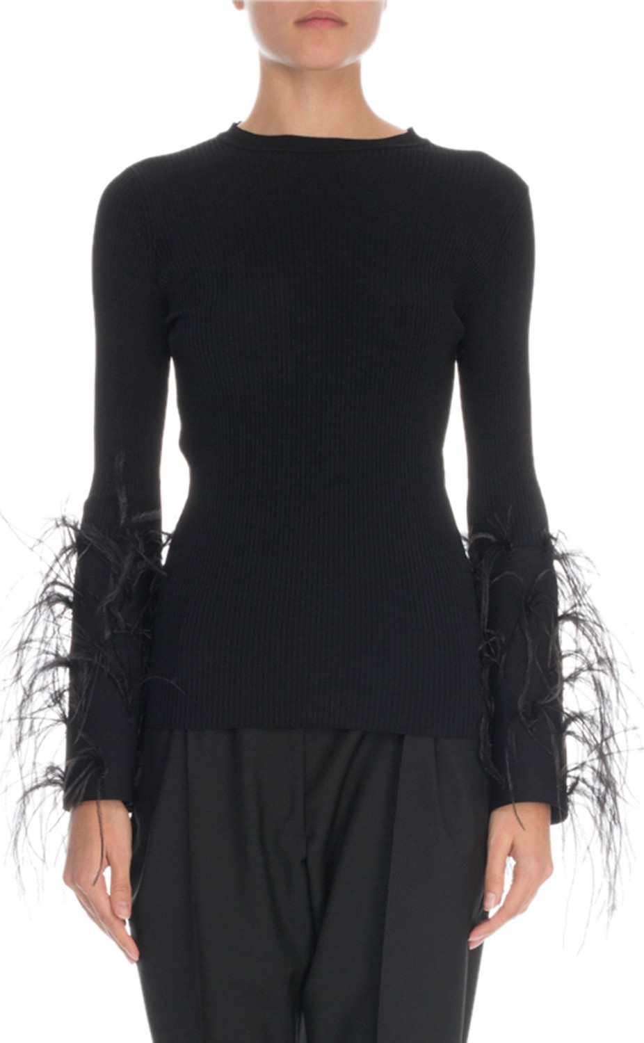 Valentino Feather-Cuff Crewneck Sweater
