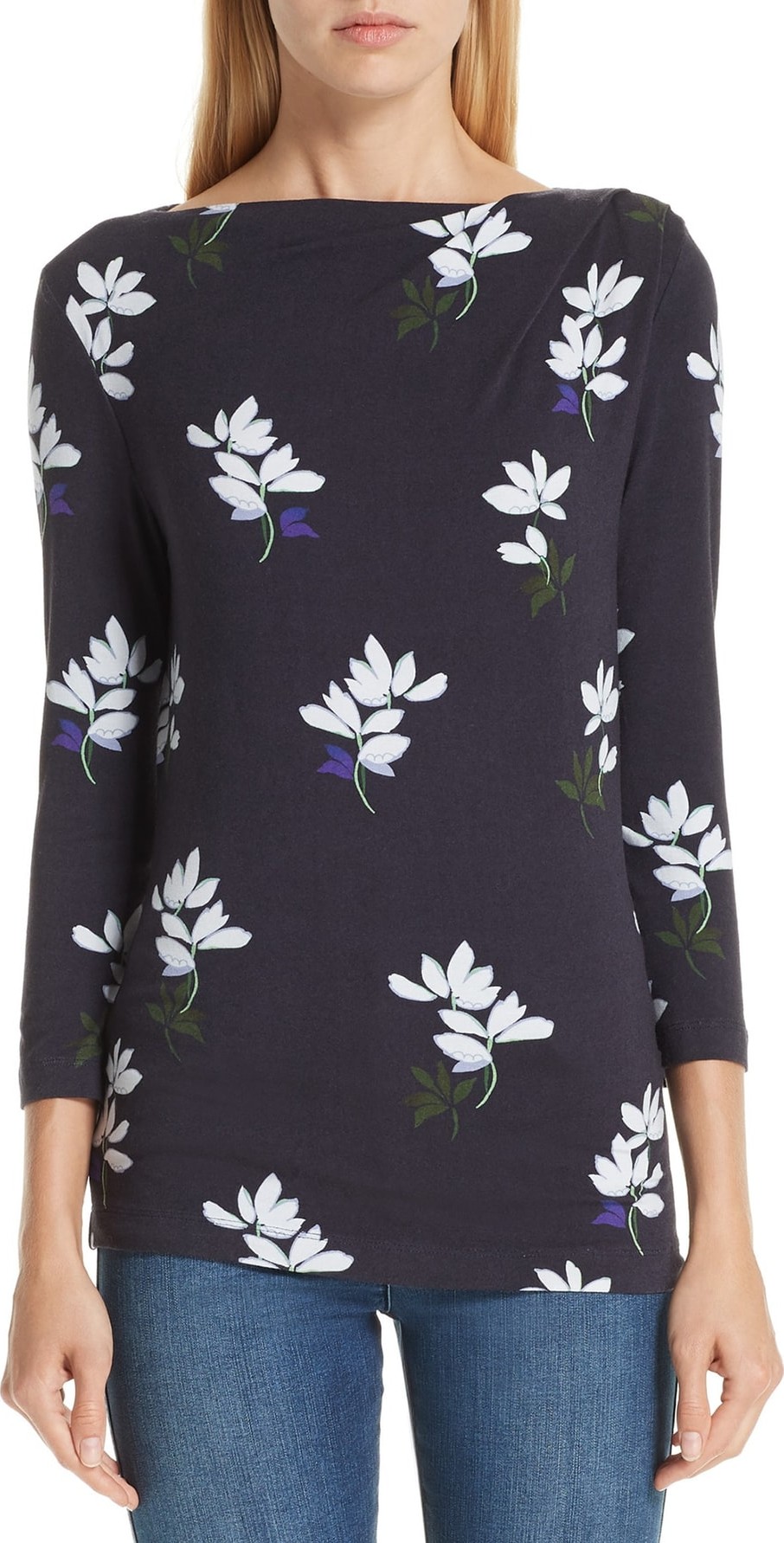 St. John Small Scale Painted Floral Print Top