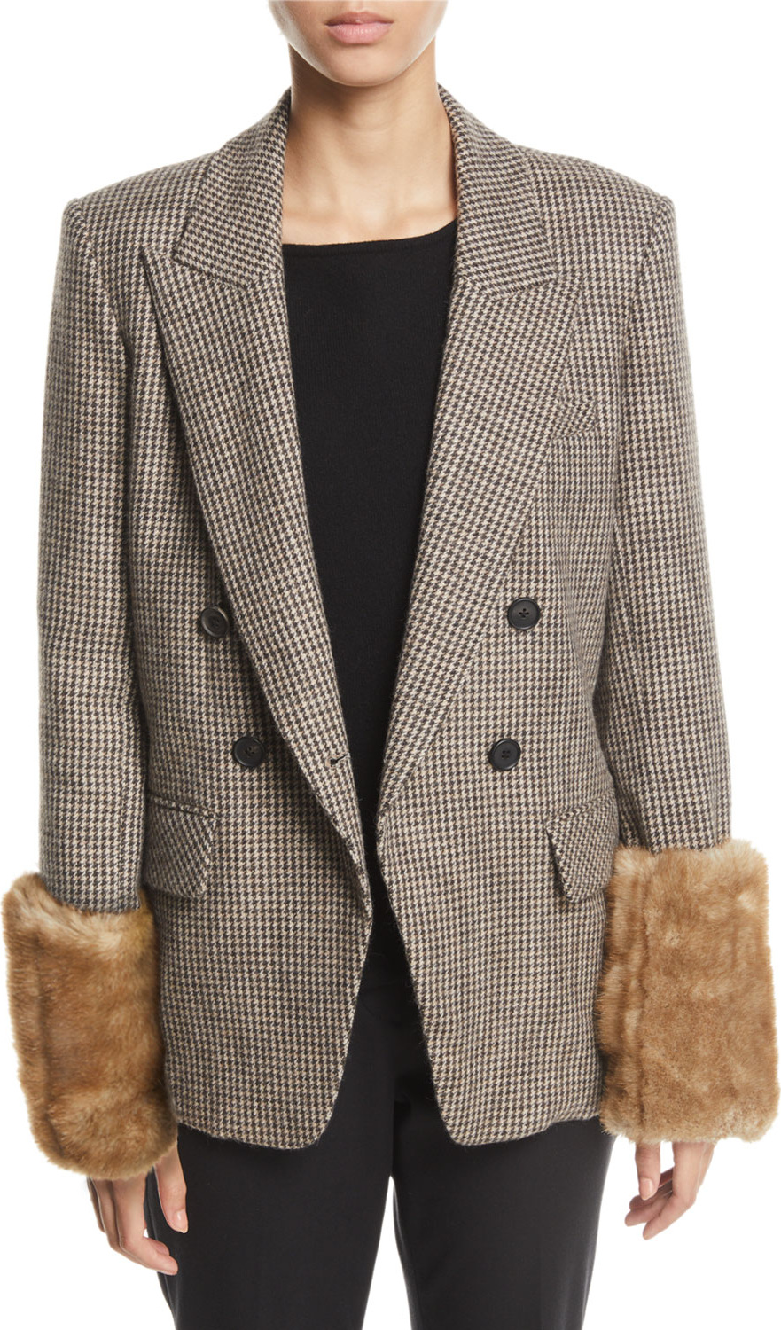 Veronica Beard Fahey Houndstooth Dickey Jacket with Faux-Fur Cuffs