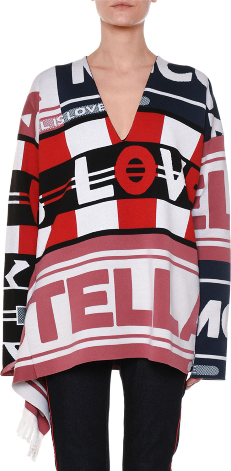 Stella McCartney V-Neck Logo Intarsia Pullover Sweater w/ Fringe