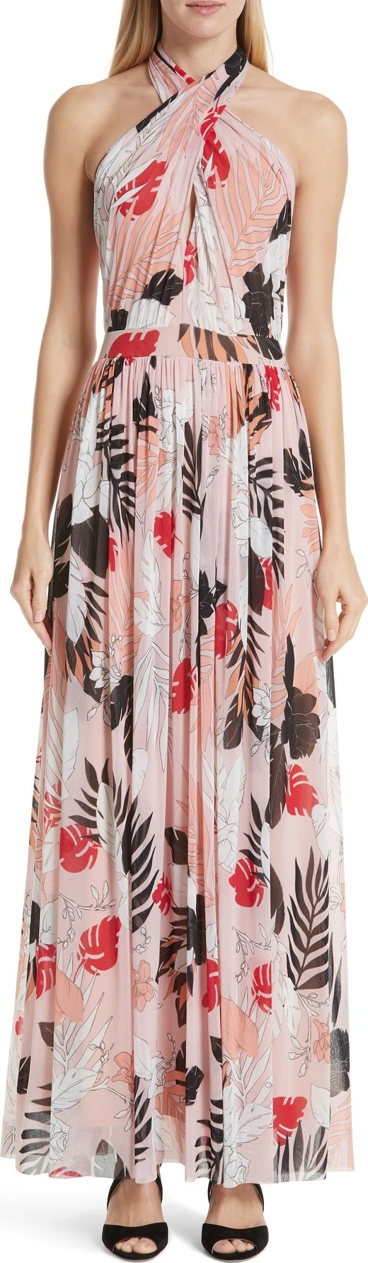 Fuzzi Floral Tulle Cross Halter Maxi Dress