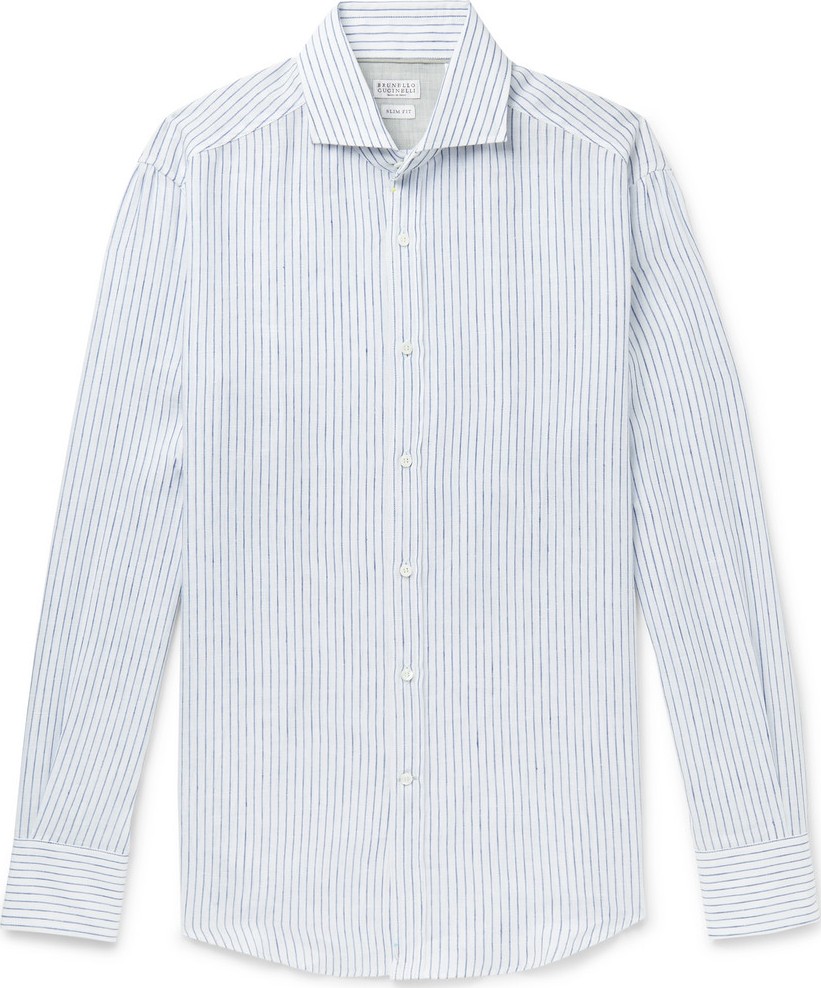 Brunello Cucinelli Slim-Fit Cutaway-Collar Striped Linen Shirt