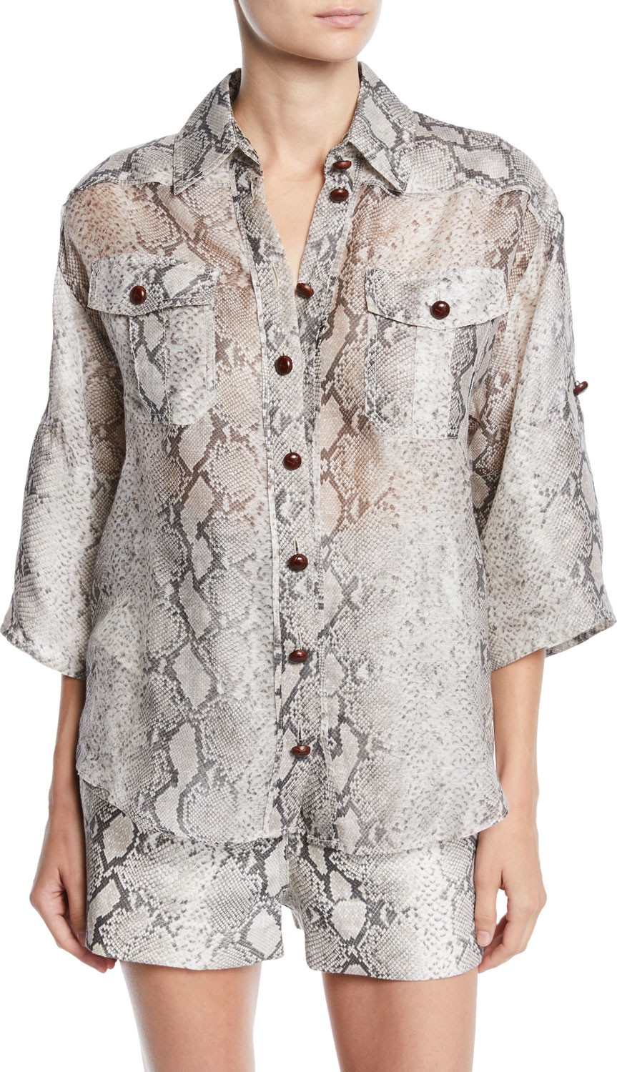 Zimmermann Corsage Safari Snake-Print Button-Front Shirt