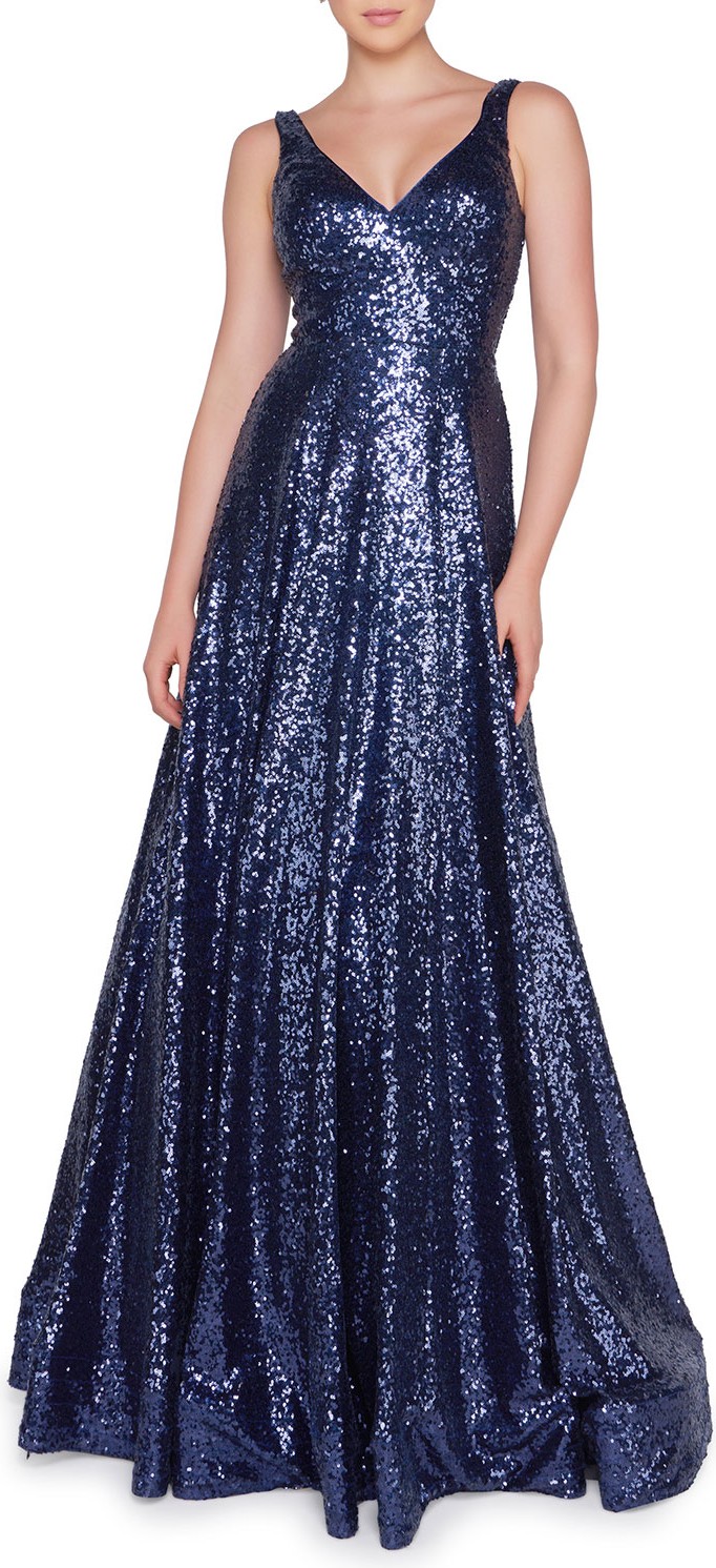 Ieena for Mac Duggal Sequined V-Neck Sleeveless Ball Gown