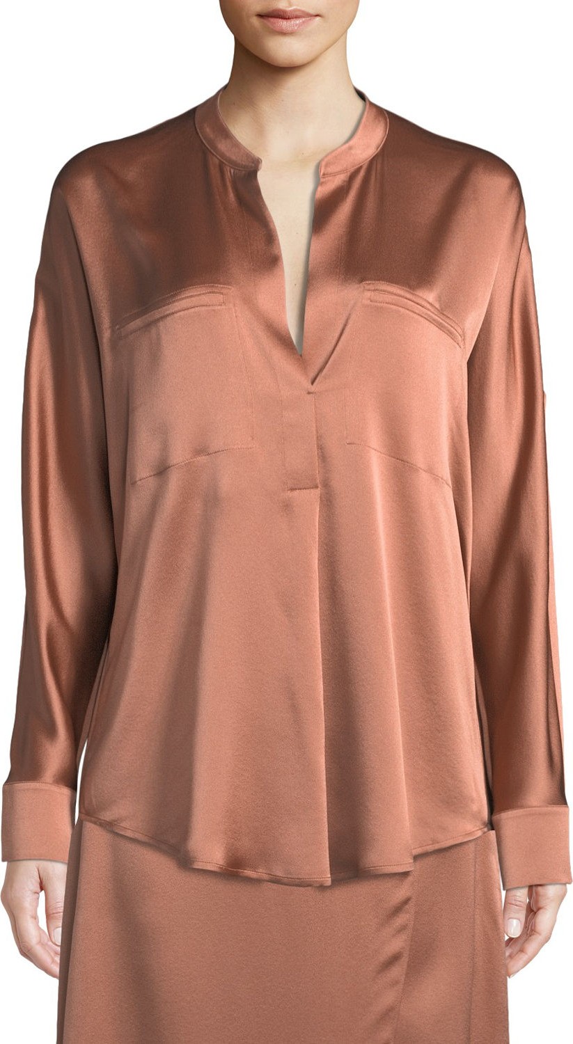 Vince Band-Collar Silk Popover Blouse