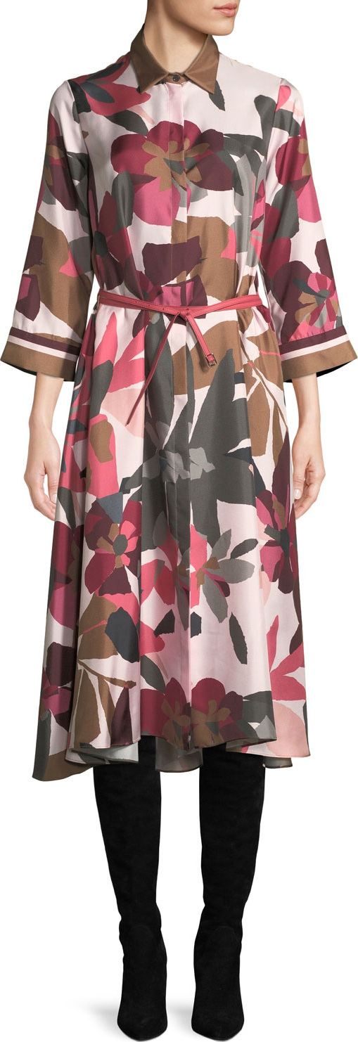 Loro Piana Button-Front Long-Sleeve Floral-Print Silk Shirtdress