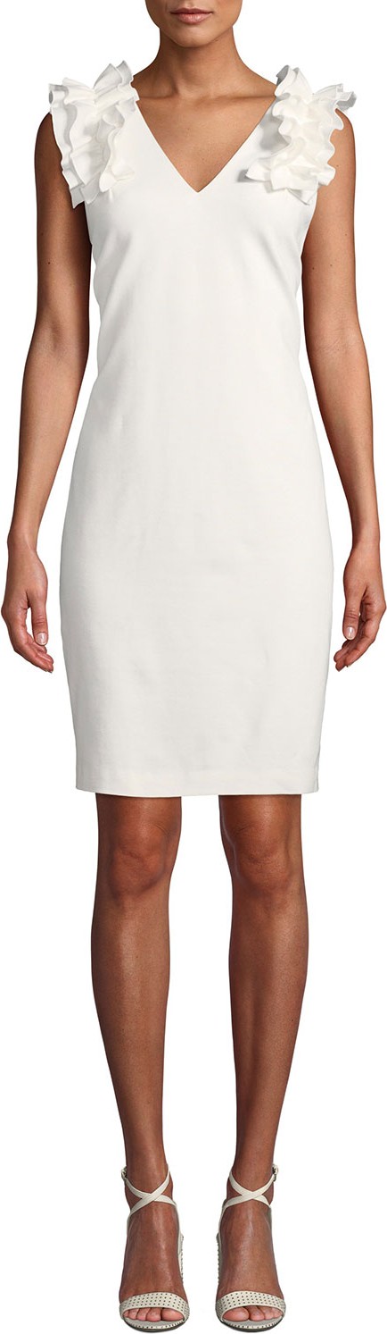 Trina Turk At Last V-Neck Sleeveless Tropical Ponte Dress w/ Ruffle Detail