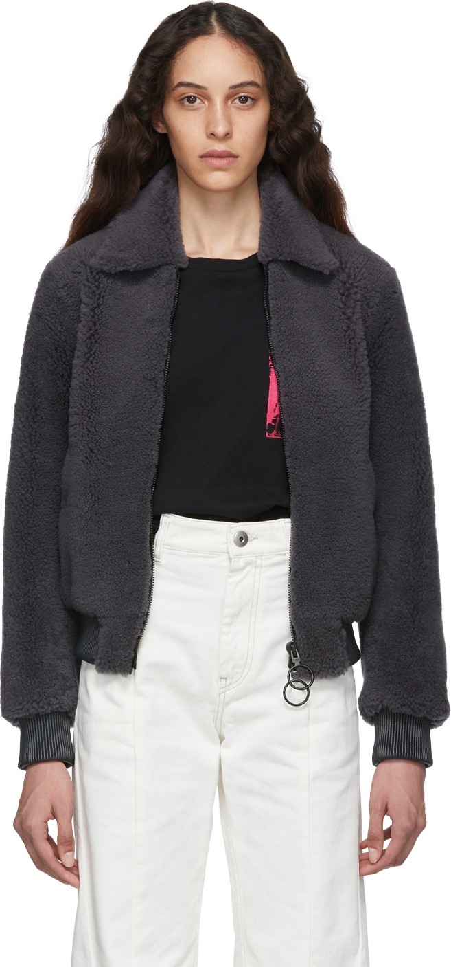 Off White Grey Shearling Bomber Jacket