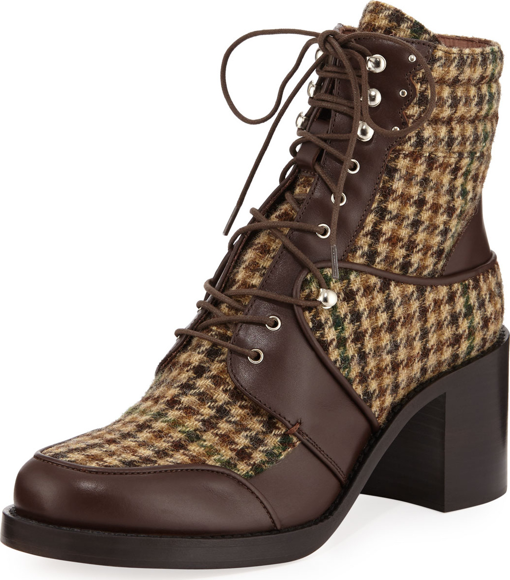 Tabitha Simmons Leo Houndstooth Lace-Up Mixed Booties