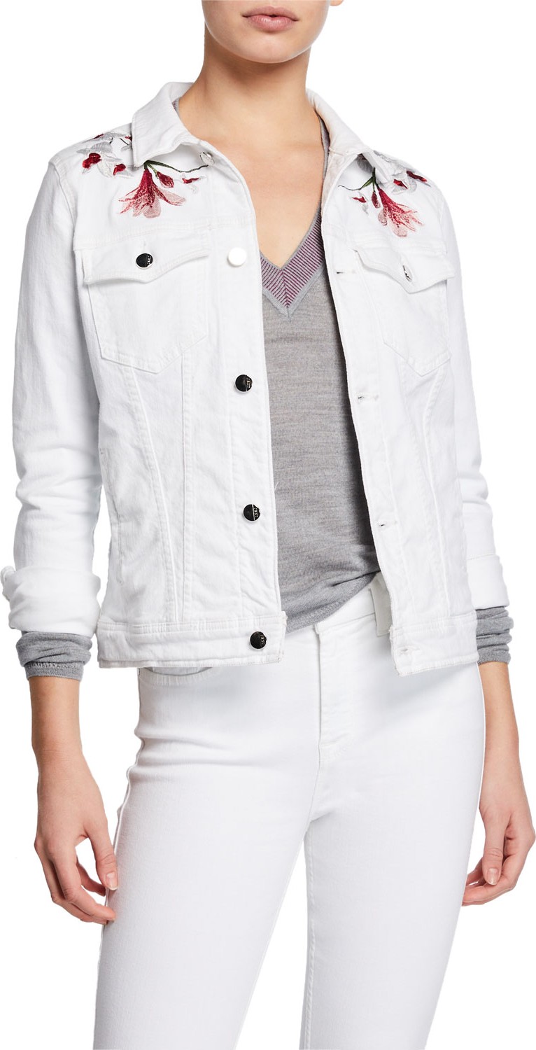Jen7 Button-Front Denim Jacket w/ Lily Embroidery