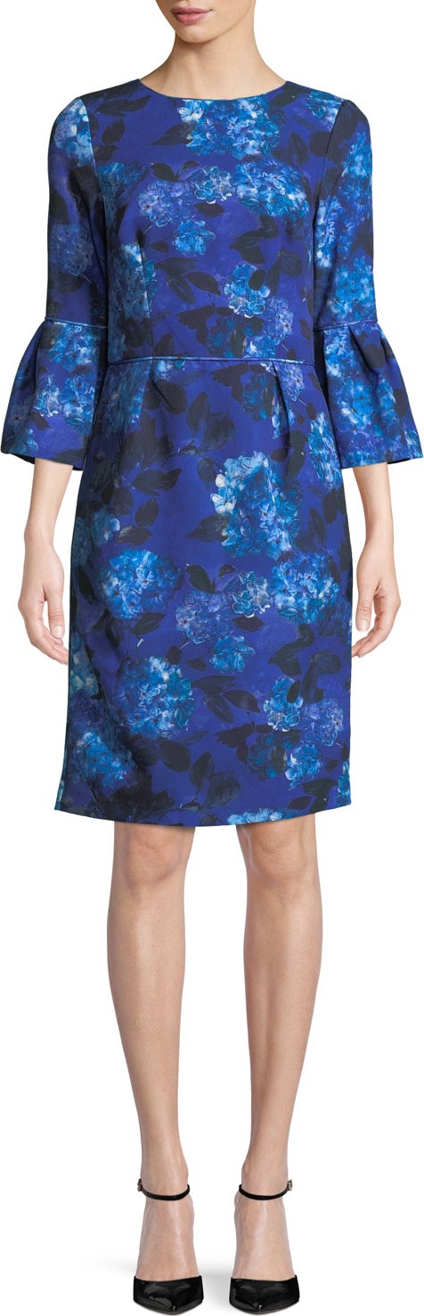 David Meister Jewel-Neck Bell-Sleeve Floral-Print Crepe Sheath Cocktail Dress