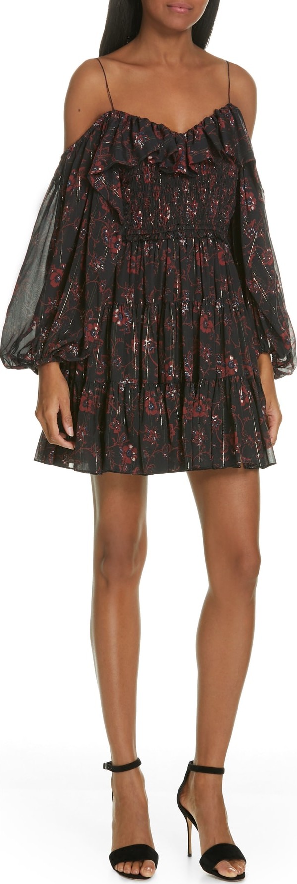 Ulla Johnson Monet Metallic Floral Cold Shoulder Silk Blend Dress