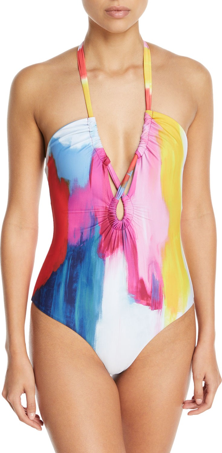 Mara Hoffman Aya Brushstroke-Print Halter One-Piece Swimsuit