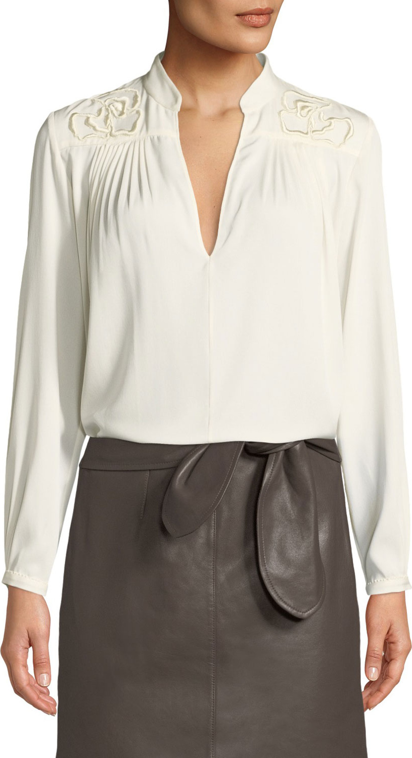 HALSTON HERITAGE Floral Embroidered Long-Sleeve Blouse