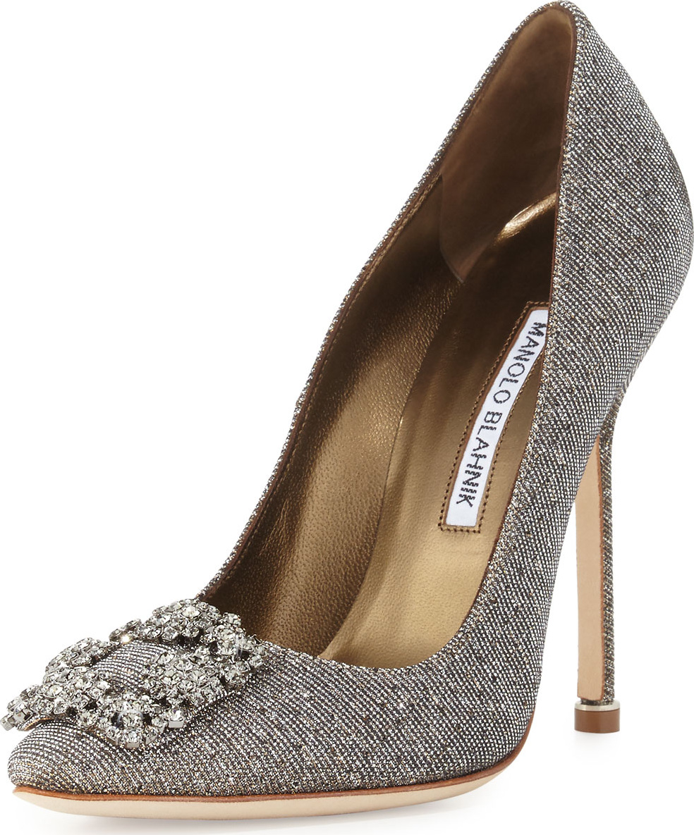 Manolo Blahnik Hangisi Crystal-Buckle Shimmery 115mm Pump, Gold