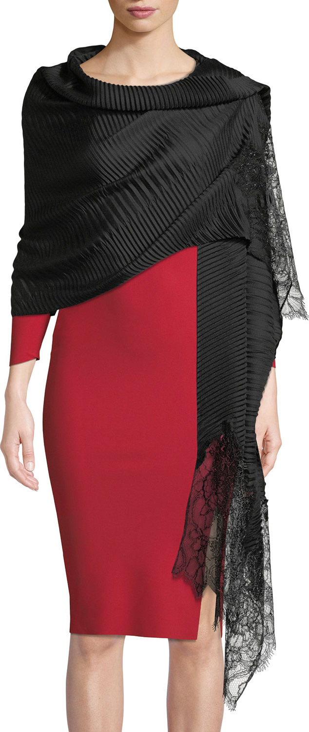 Valentino Silk Plisse Lace-Trim Stole