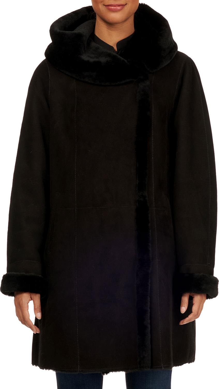 Gorski Franca Short Hooded Shearling Fur-Trim Suede Coat Gorski Franca Short Hooded Shearling Fur-Trim Suede Coat